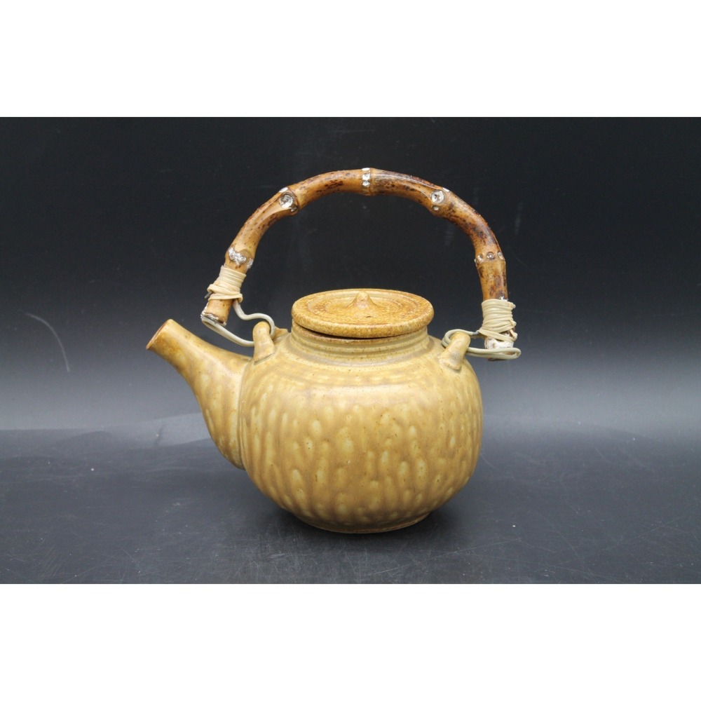 Stoneware Teapot Bamboo Handle Brown Speckled Glaze Japanese Style Pottery